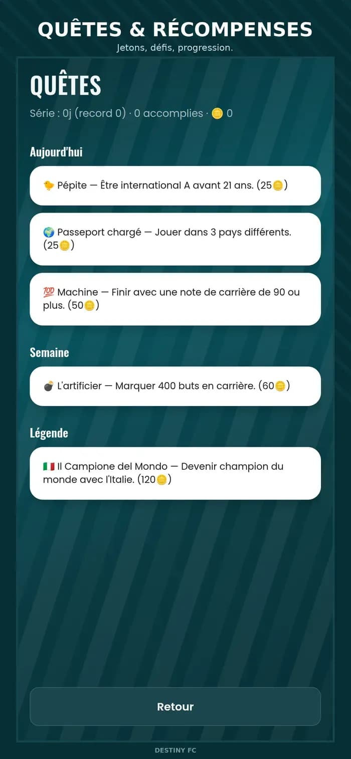 Destiny FC — quêtes et trophées